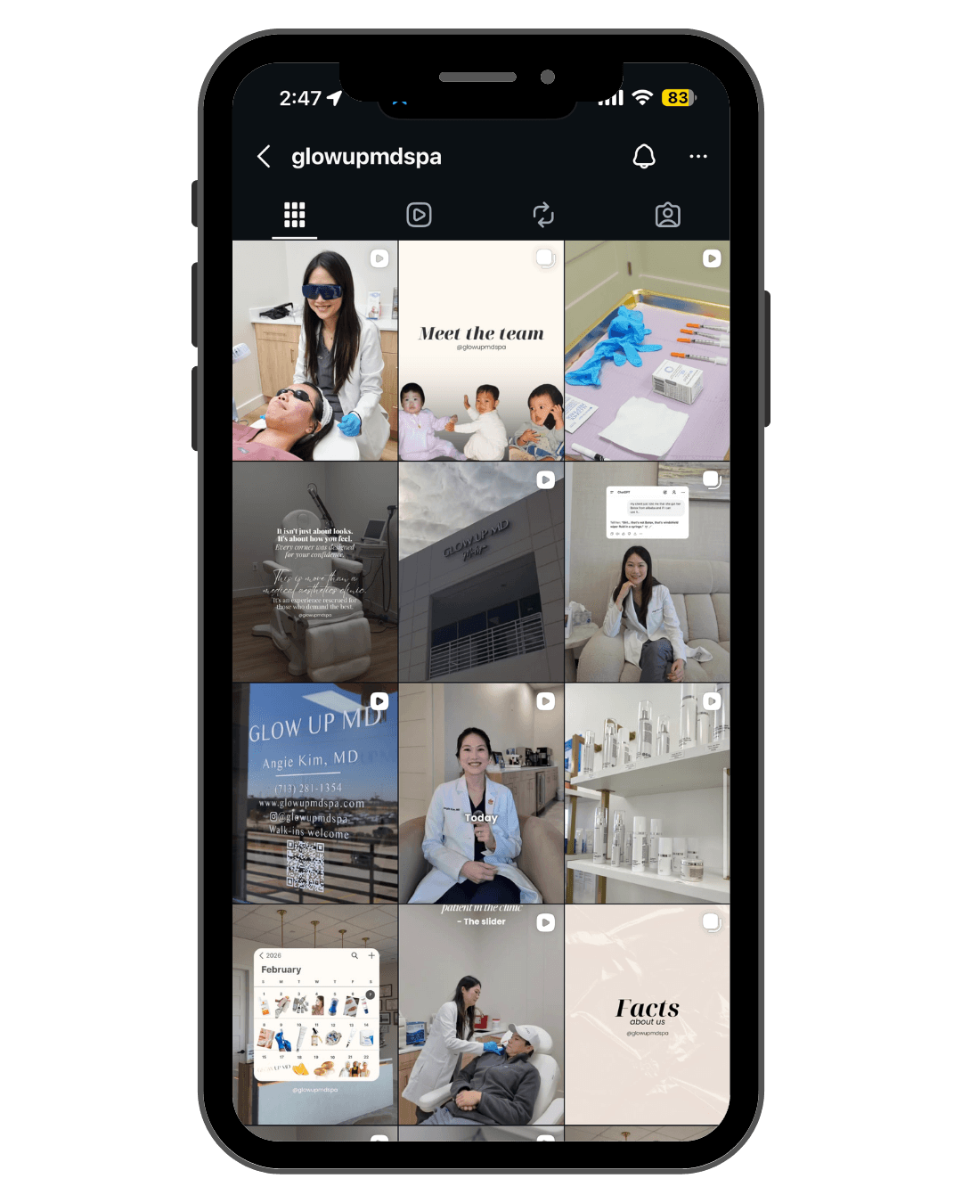 Phone mockup of the Glow Up MD medspa Instagram feed