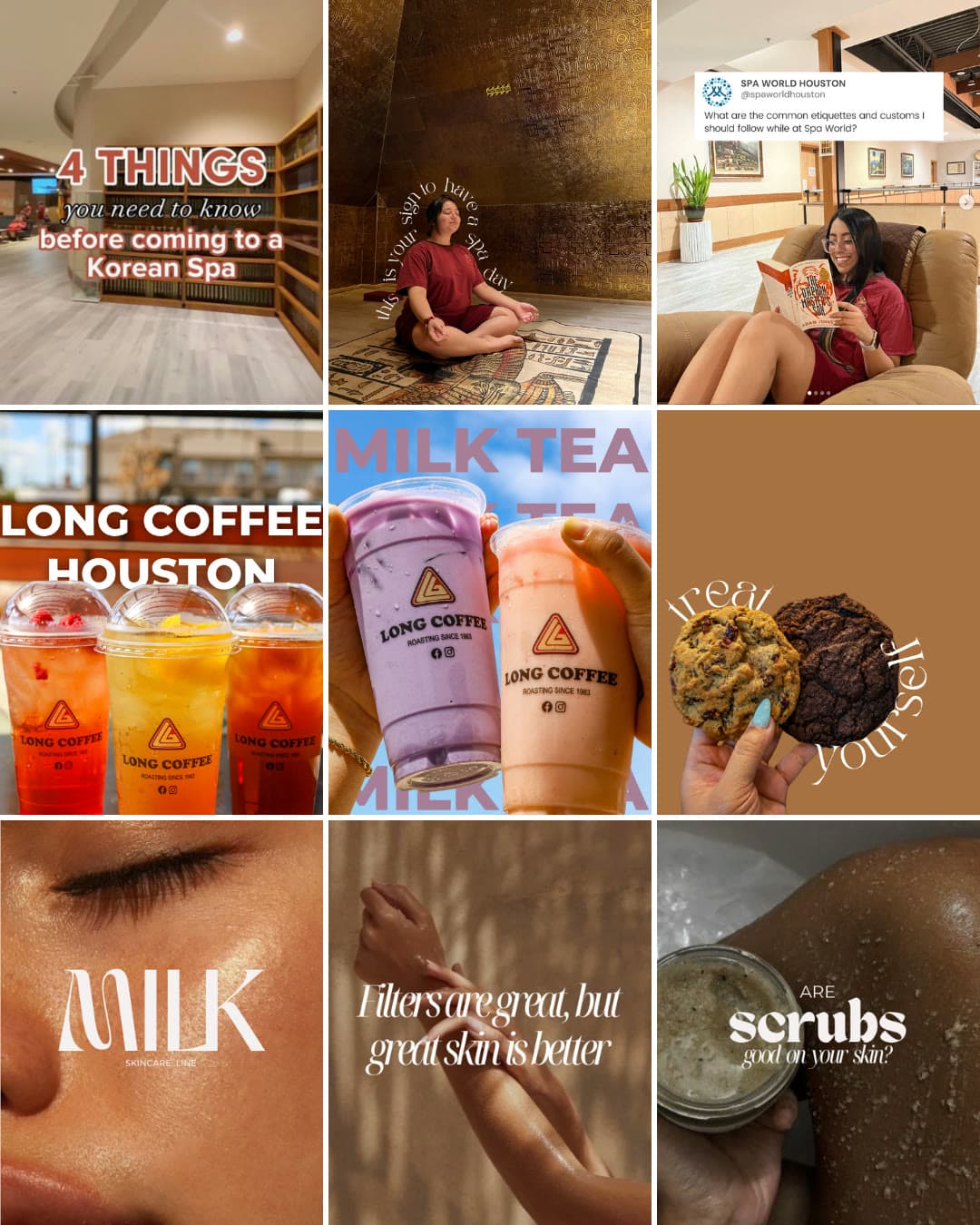 Warm lifestyle social feed with coffee, wellness, and beauty content