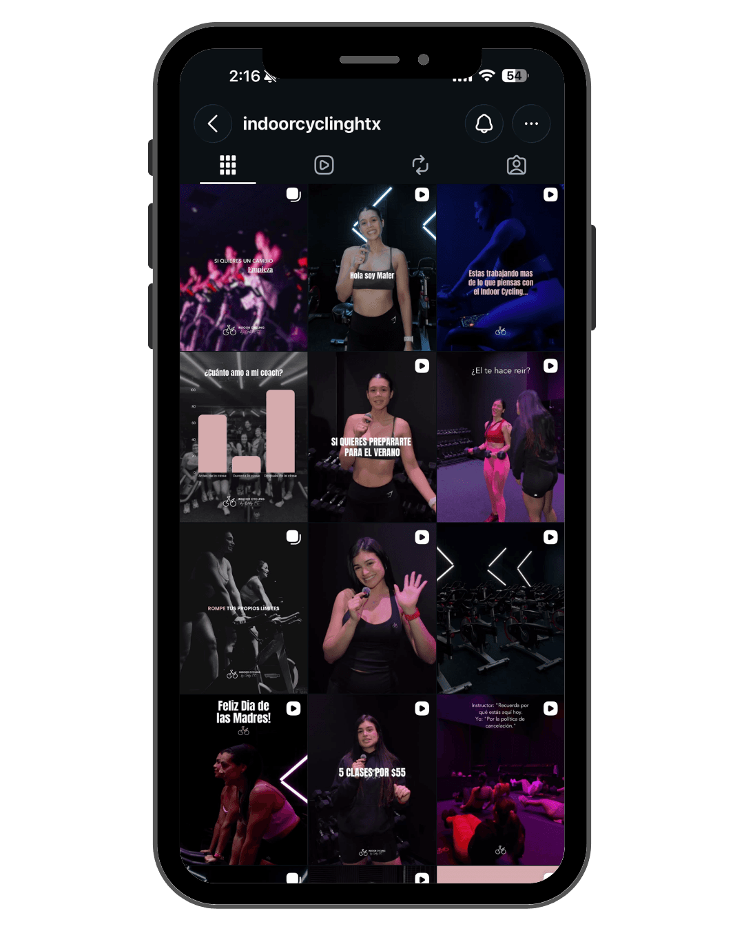 Phone mockup of the Indoor Cycling HTX studio Instagram feed
