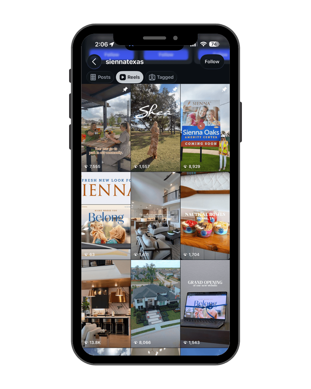 Phone mockup of the Sienna Texas community Instagram reels feed