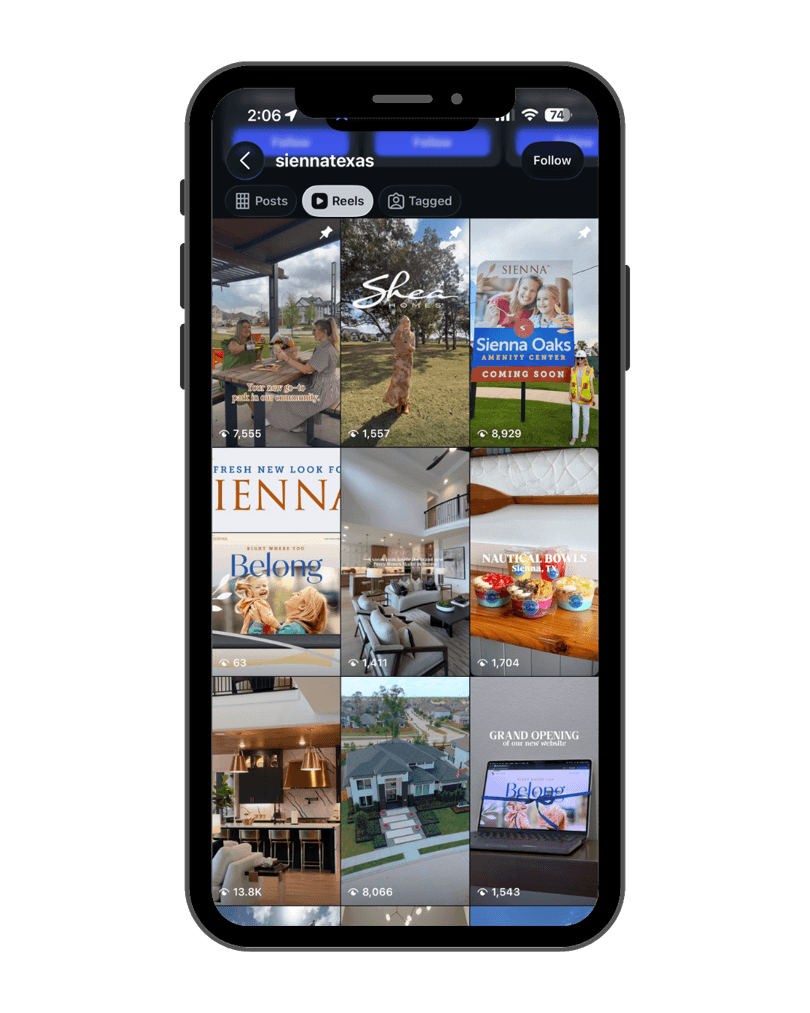Phone mockup showing a polished real-estate community Instagram feed