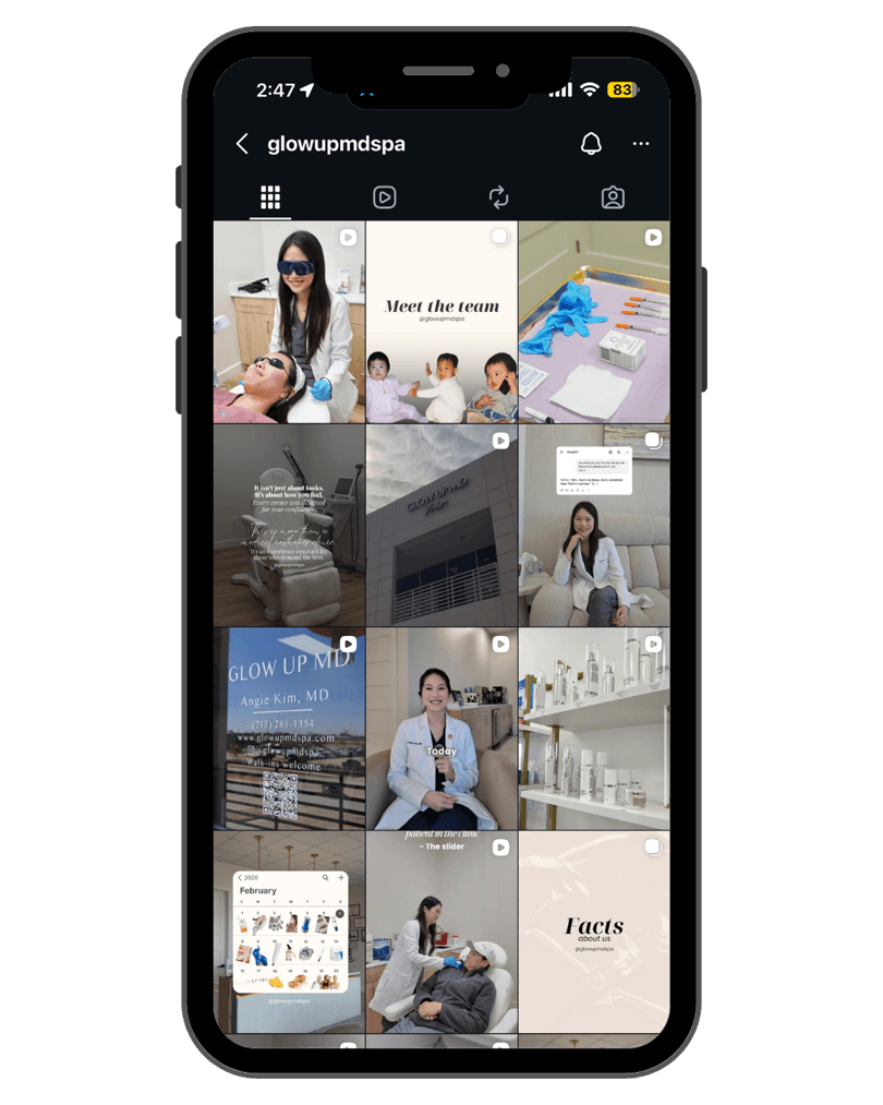 Phone mockup showing a varied local-brand Instagram content mix