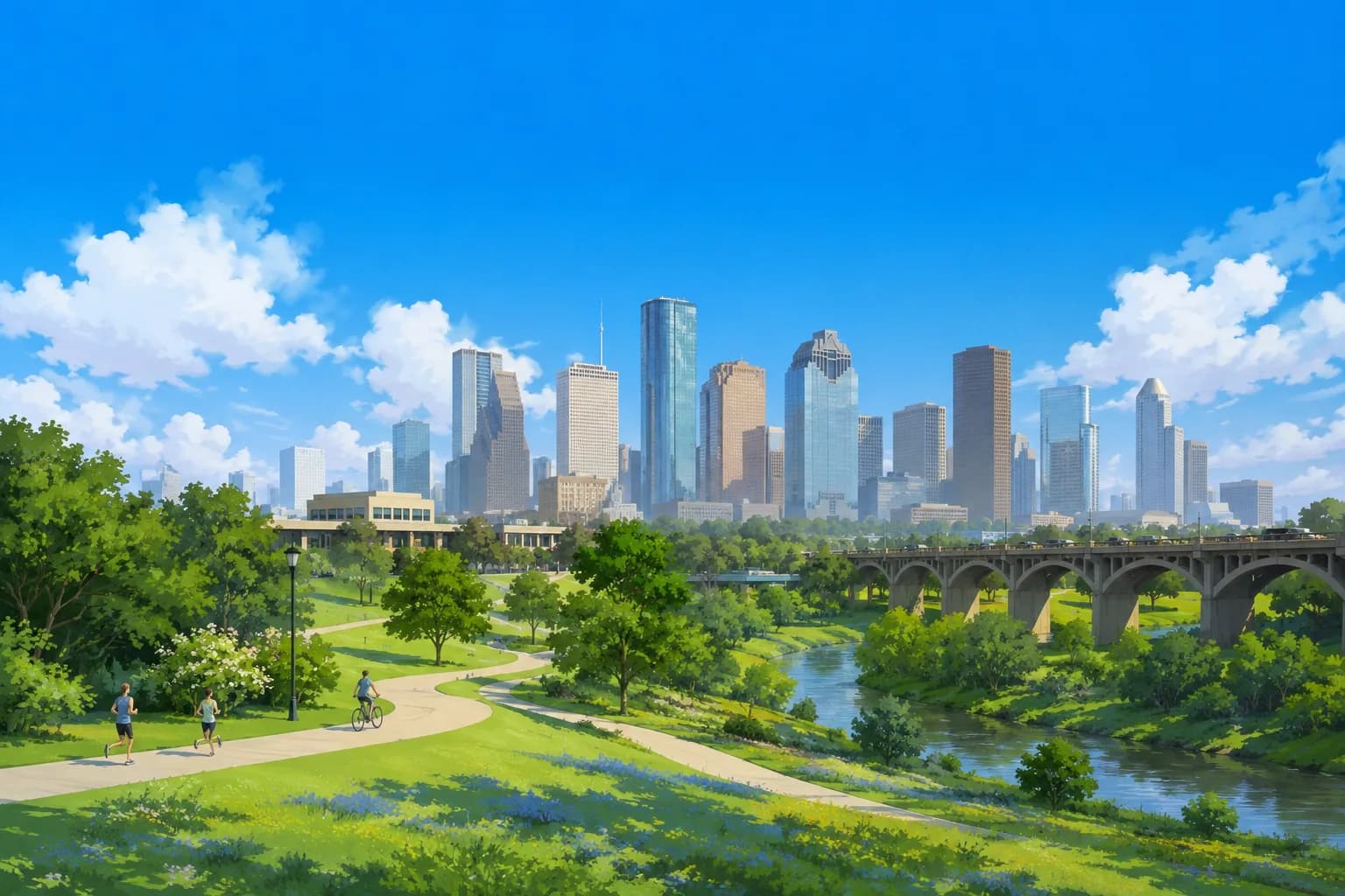 Illustrated Houston skyline beside a green park and bridge